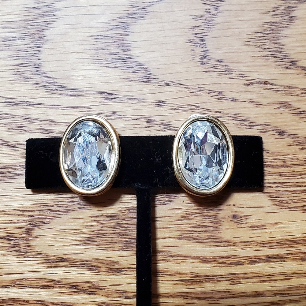 Vtg Givenchy Crystal Gold Clip-On Logo Statement Earrings Paris New York